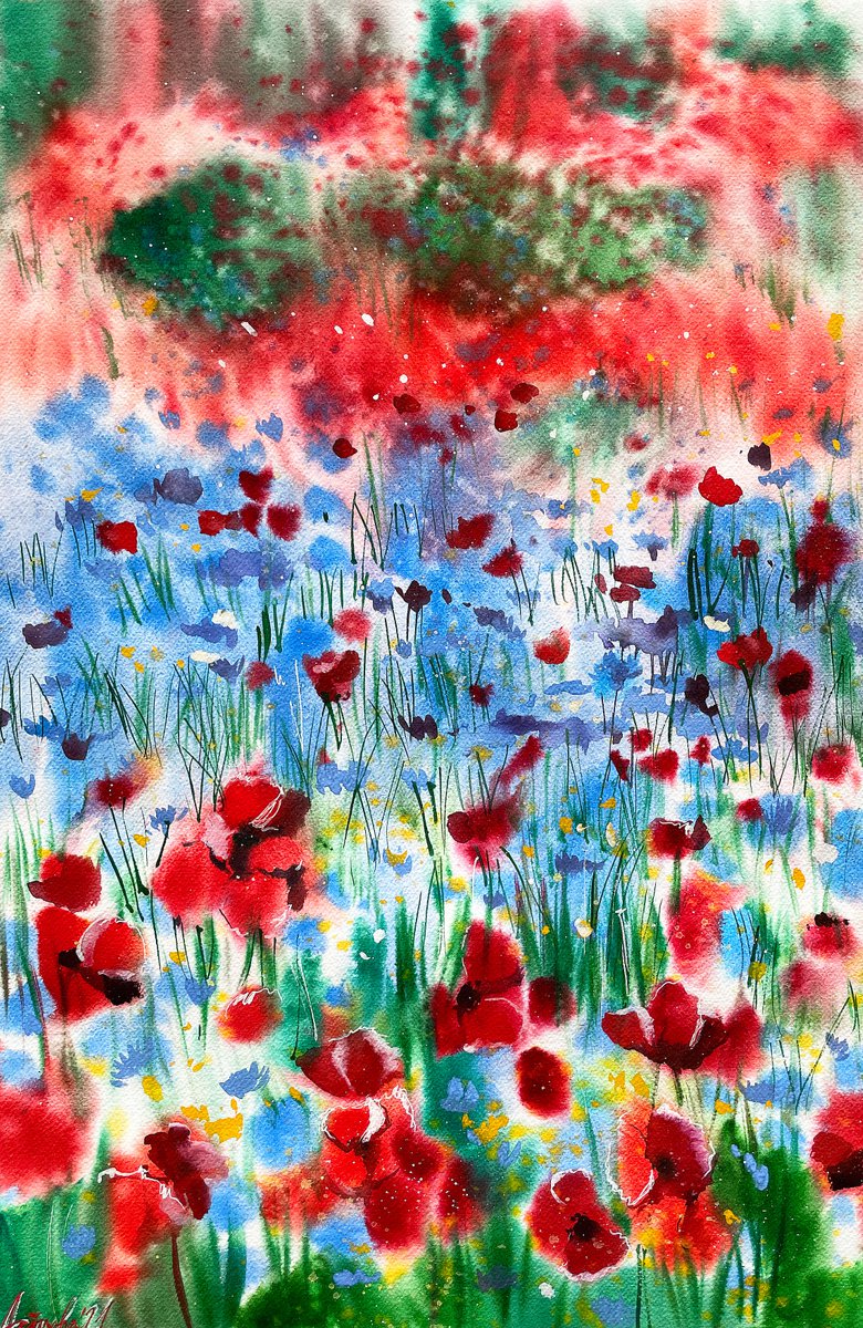 Impressionistic Botanical Watercolour By Ksenia Astakhova, 15 X 22", A Wildflower Field, Original Artwork