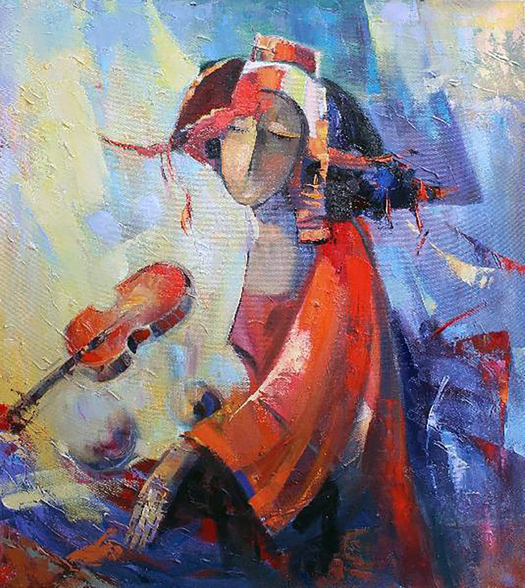 Impressionistic Abstract Oil Painting By Ivan Kirilenko, 31 X 35, Red Violin, Original Artwork