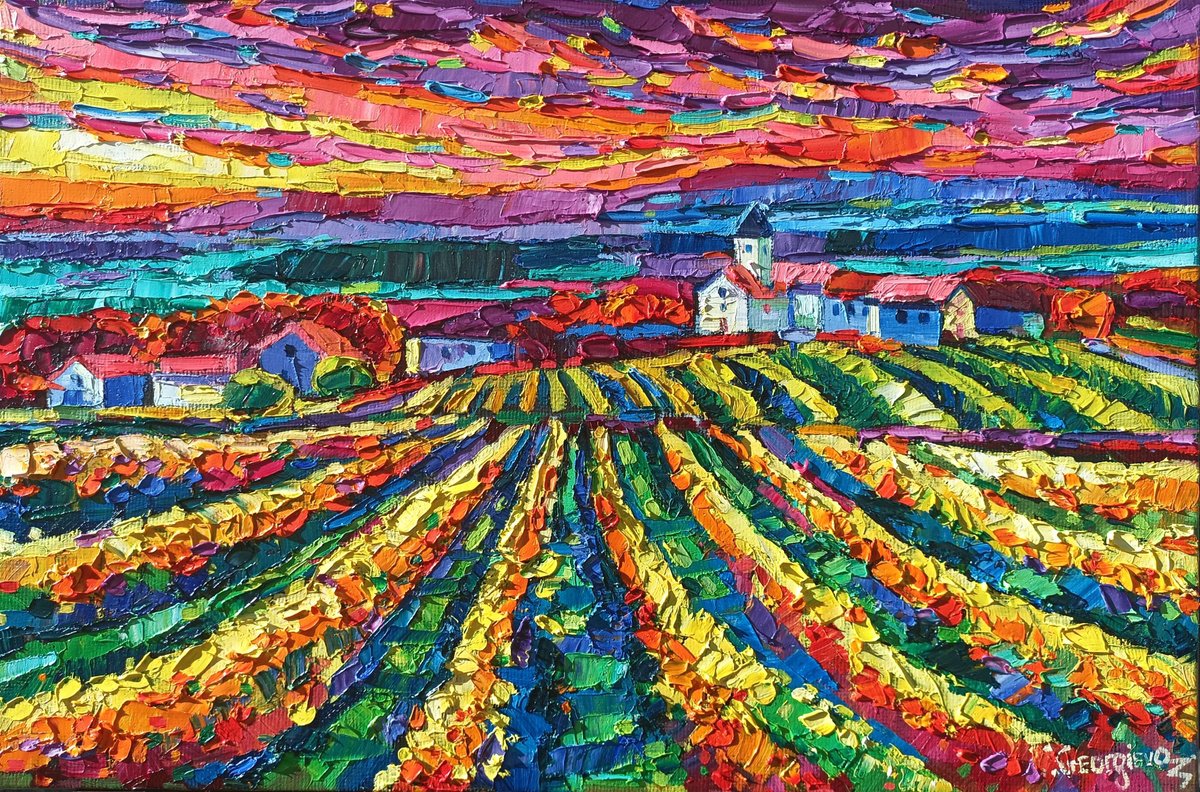 Expressive Landscape Oil Painting By Vanya Georgieva, 24 X 16", Golden Vineyards In Champagne, Original Artwork
