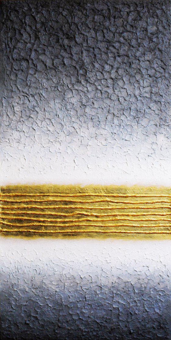 120×60 cm Large Abstract Painting with Gold Stripes and Relief Structure II