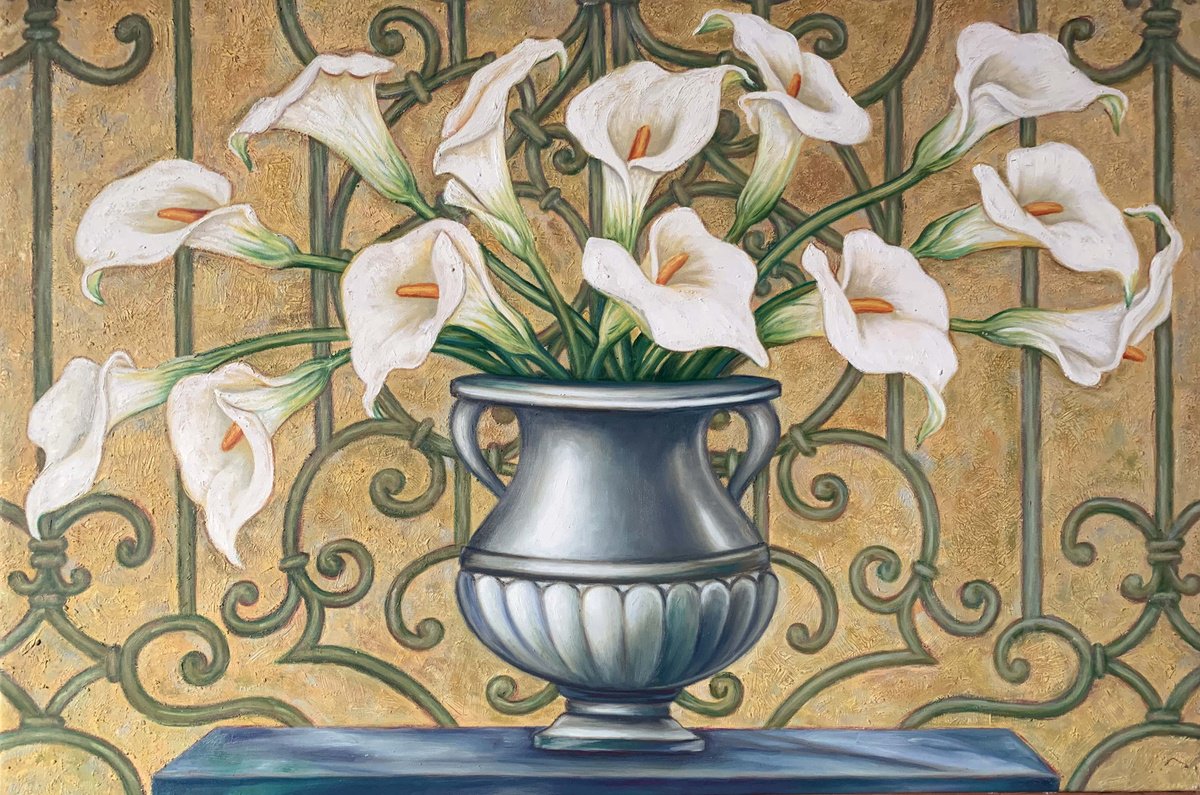 Impressionistic Botanical Oil Painting By Gouyette Jean-Michel, 24 X 35, Still Live / Lilly Floral Composition, Artfinder