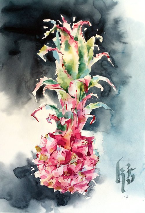 Modern watercolor painting "pineapple on a gray background" by Ksenia Selianko
