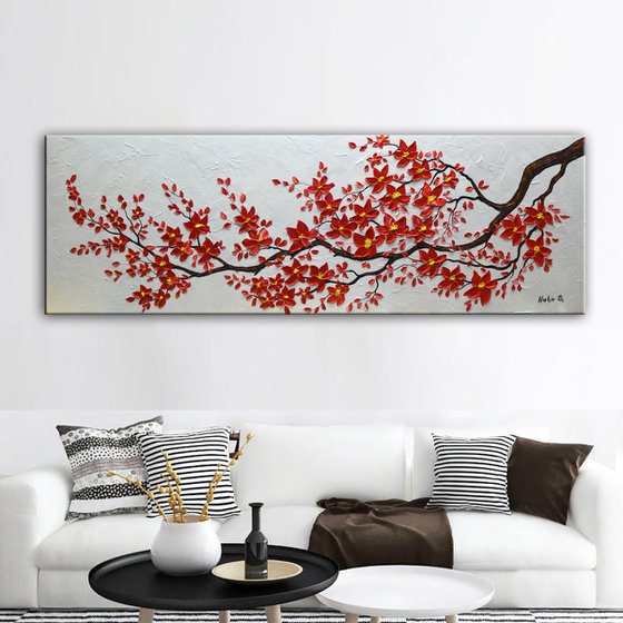 Original Red Cherry Blossom Painting, Abstract Blossom Tree Art, Impasto Floral Art