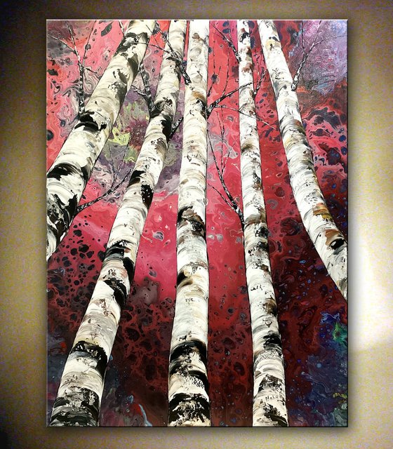 Red Forest - Large Birch Tree Painting