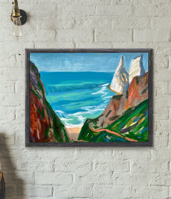 Sea Original Painting, Portugal Landscape Oil Pastel Drawing, Coastal Wall Art