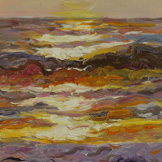 SEASCAPE. STATE OF MIND - landscape, original oil painting, one of a kind, plein air artwork, water ocean, indian sun, waves, beach, hot, sunrise 97x107