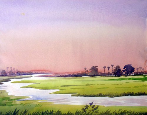Rural Sunrise - Watercolor Painting by Samiran Sarkar