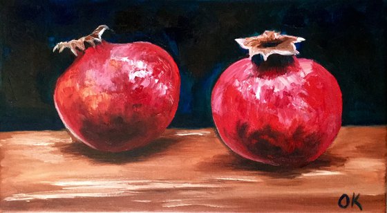 Still life with two  Pomegranates fruits still life original oil painting on canvas wall decor