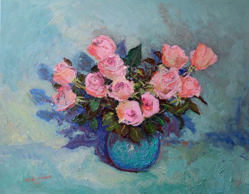 Pink Roses with Turquoise Background by Suren Nersisyan
