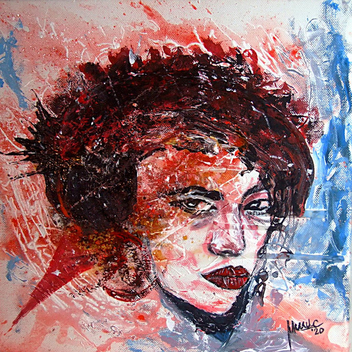 Expressive Portrait Acrylic Painting By Milis Pyrography, 12 X 12", Spite, Original Artwork