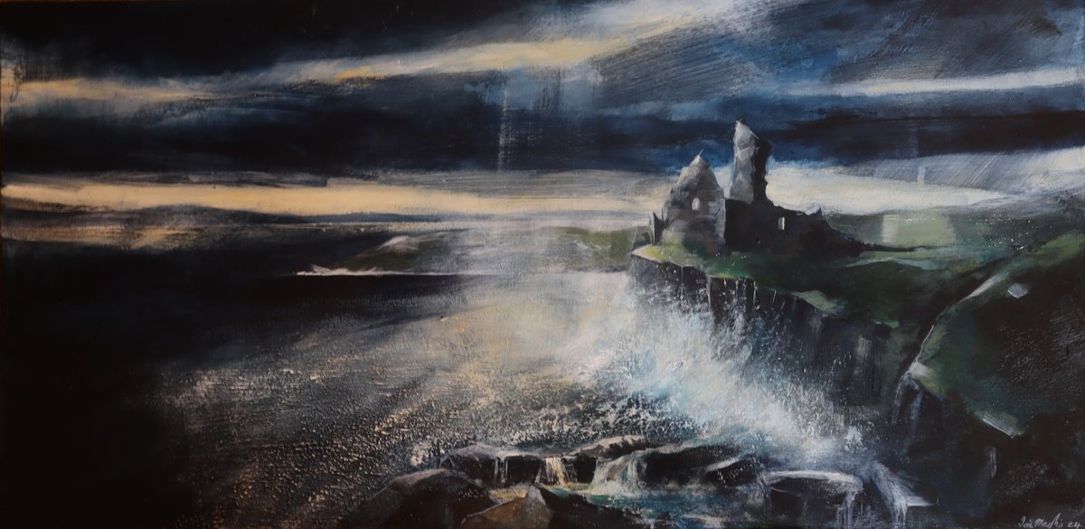 Expressive Landscape Acrylic Painting By Ian Macphie, 39 X 20, Ghosts At Duntulm, Original Artwork