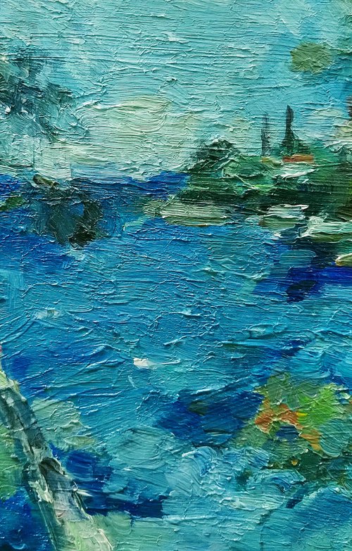 Beautiful blue sea. Oil paint sketch on cardboard. by Elena Klyan