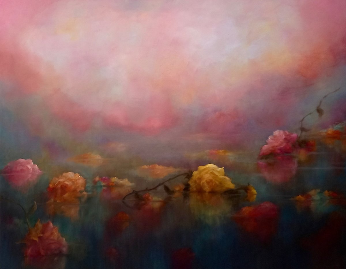 Impressionistic Botanical Oil Painting By Lee Campbell, 39 X 31", Roses Drift, Original Artwork