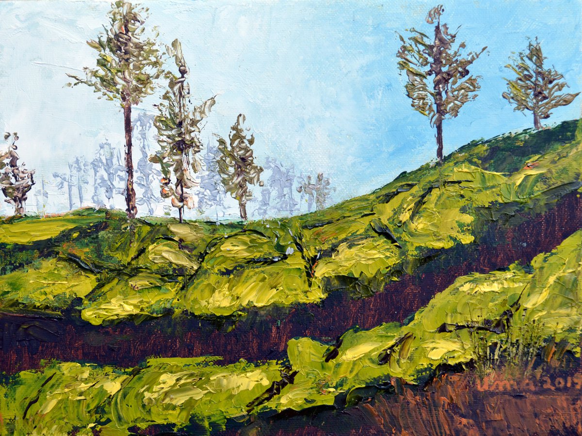 Impressionistic Landscape Oil Painting By Uma Krishnamoorthy, 8 X 6", Tea Estates, Original Artwork
