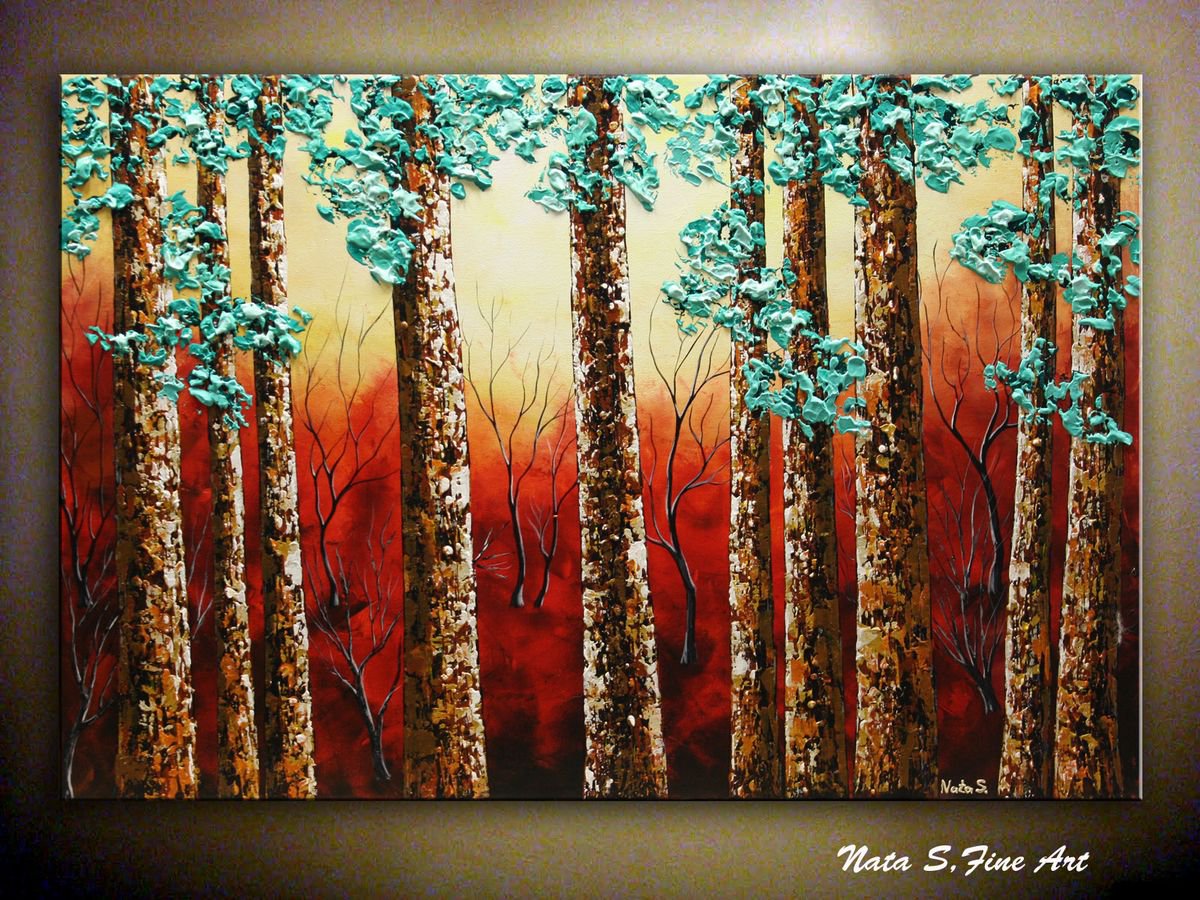 Turquoise Forest Painting, Red Landscape, Abstract Textured Painting by Nataliya Stupak