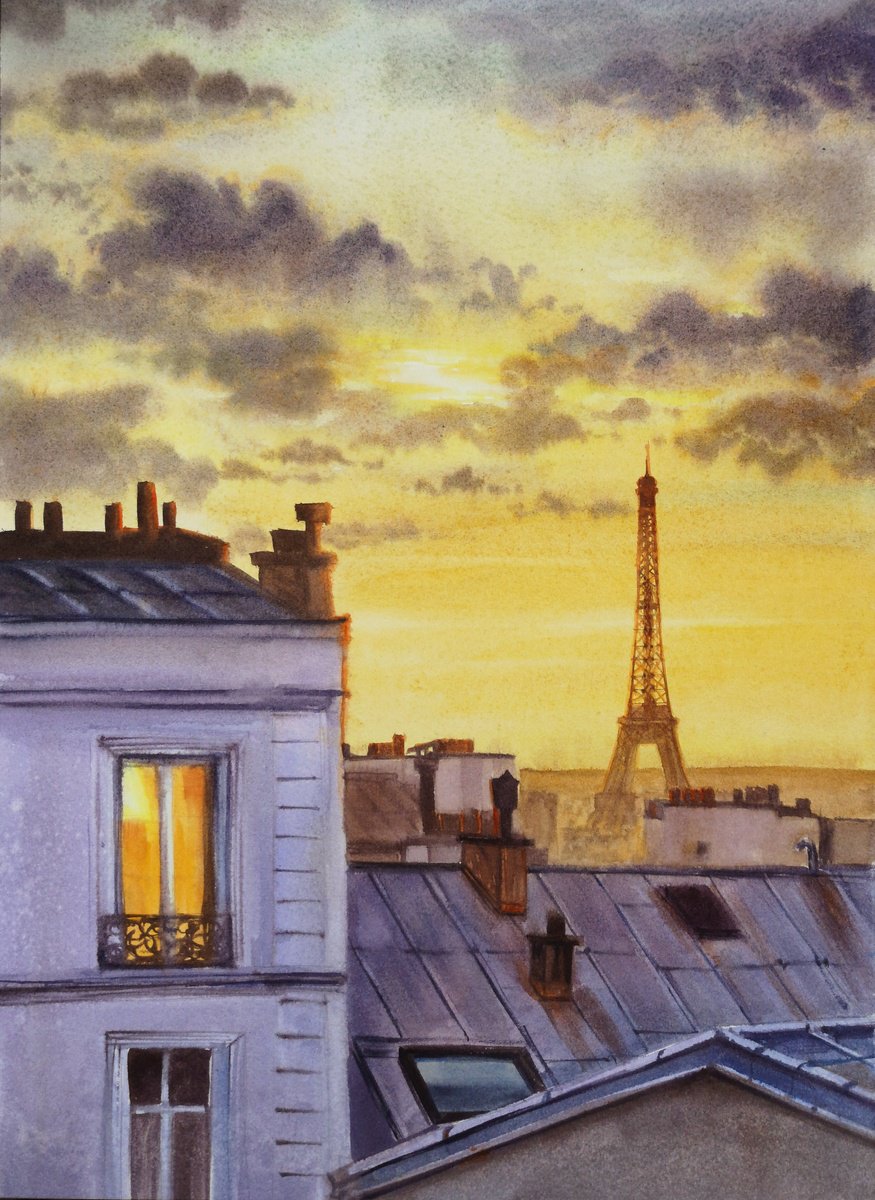 Roofs Paris Eiffel Tower by Olga Beliaeva Watercolour