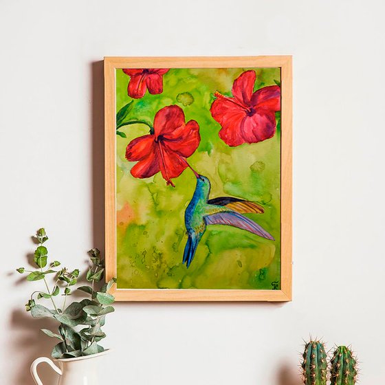 Hummingbird Watercolour Painting, Flower Original Artwork, Tropical Home Decor