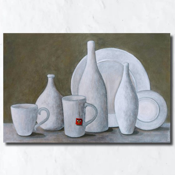 White still life with a red cardinal