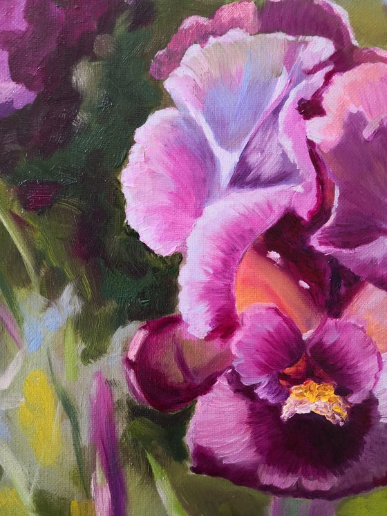 Purple iris in the garden, iris flower Painting