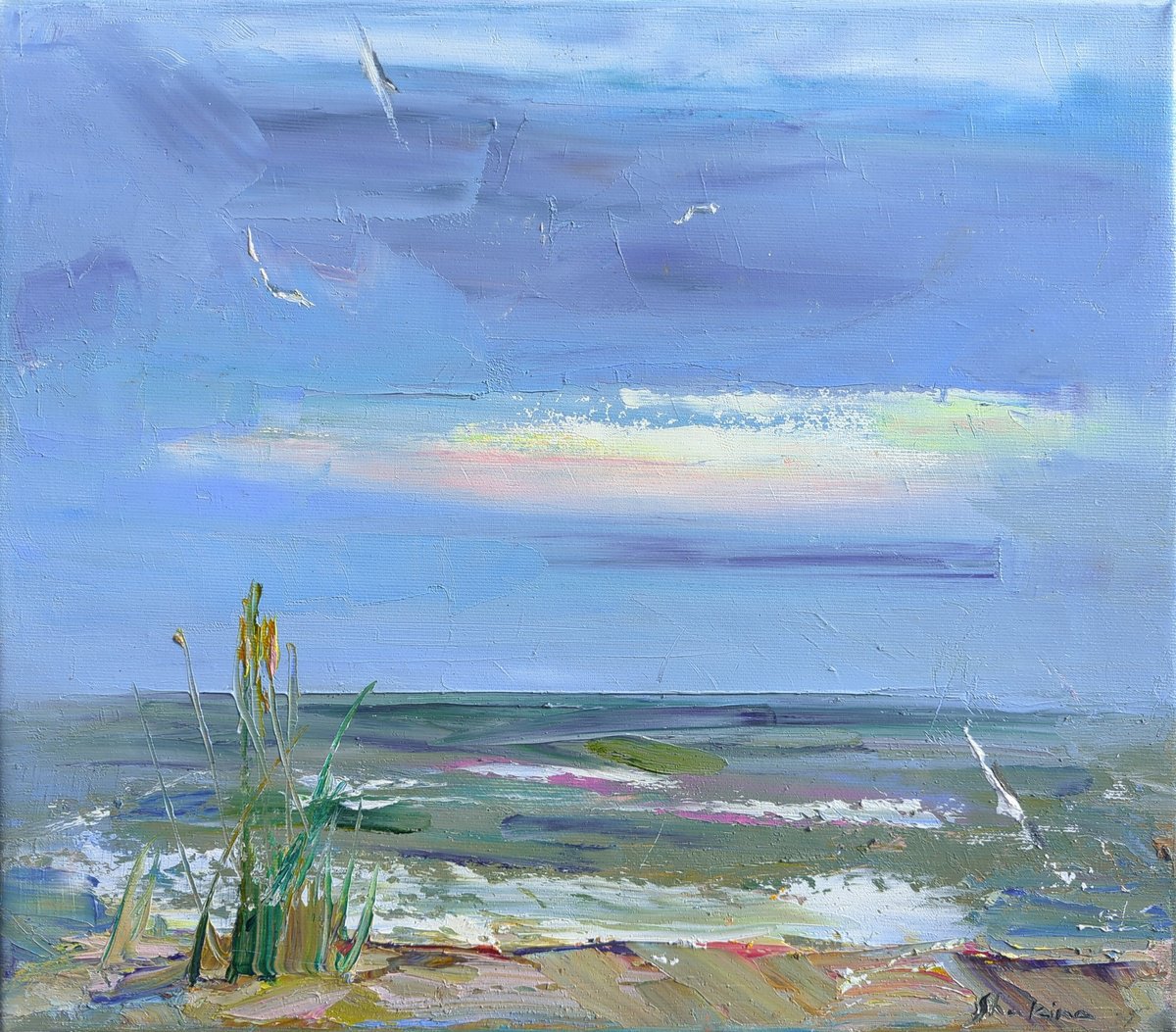 Impressionistic Landscape Oil Painting By Helen Shukina, 16 X 14, A Quiet Evening By The Sea, Original Artwork