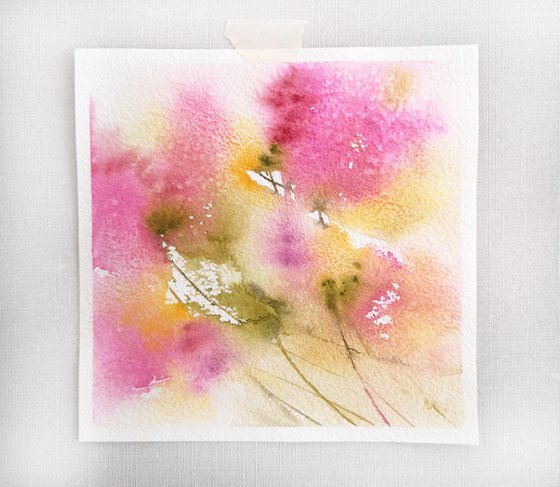 Soft pink abstract flowers, small watercolor painting