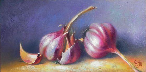 "Garlic" original oil painting, small painting kitchen dekor art