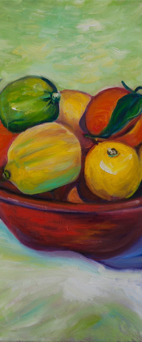 Colourful Bowl of Citrus Fruits by Liudmila Pisliakova