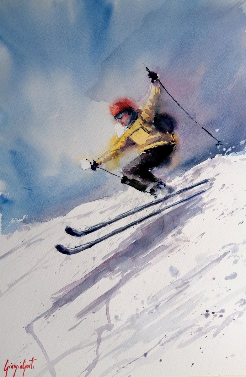 Impressionistic Watercolour , The Skier 10 By Giorgio Gosti, 14 X 21, Artwork For Sale On Artfinder