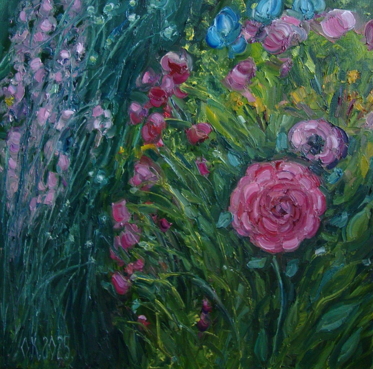 Impressionistic Botanical Oil Painting By Olga Knezevic, 16 X 16", Garden Of Gentleness, Original Artwork