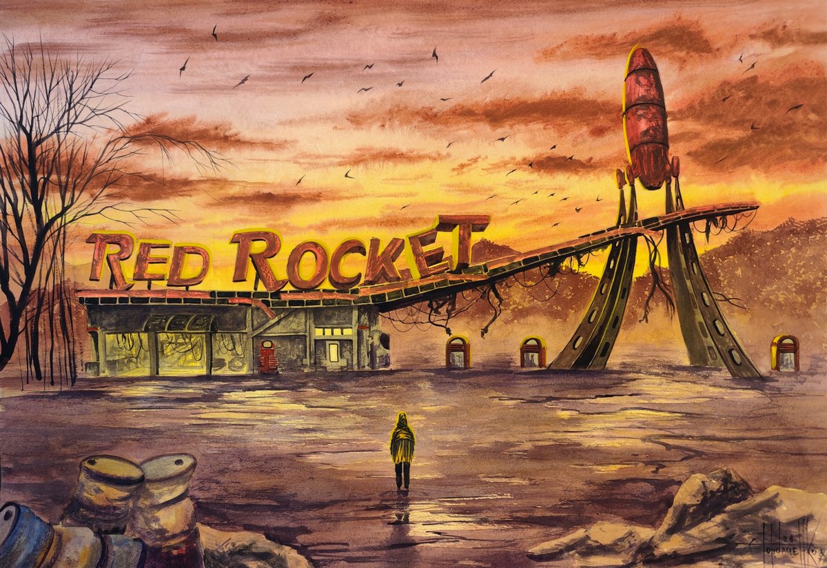 Cartoon Watercolour , Red Rocket By Eugene Gorbachenko, 28 X 20, Artwork For Sale On Artfinder