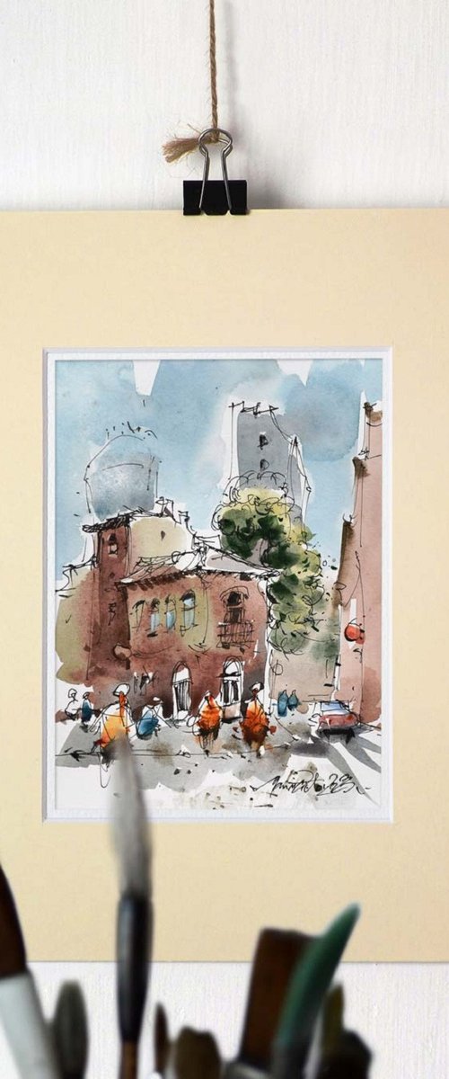 Urban landscape, ink and watercolor on paper. by Marin Victor