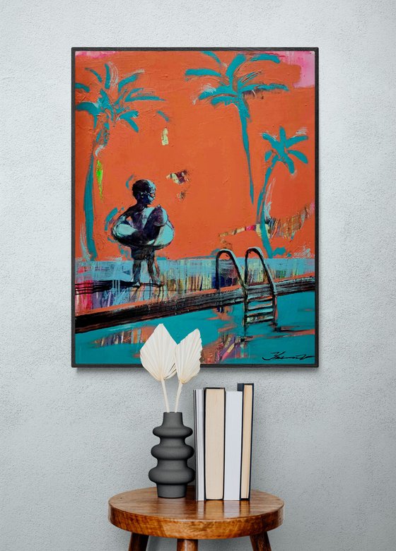 Bright summer painting - "Small swimmer" - Pop Art - Pool - Palms - Landscape - California - Nature - Orange&Blue