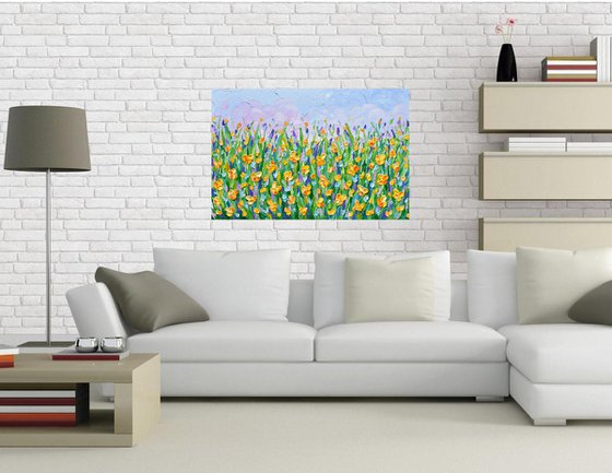 Yellow Flowers Meadow - Heavy Impasto Landscape Painting, Textured Knife Floral Art