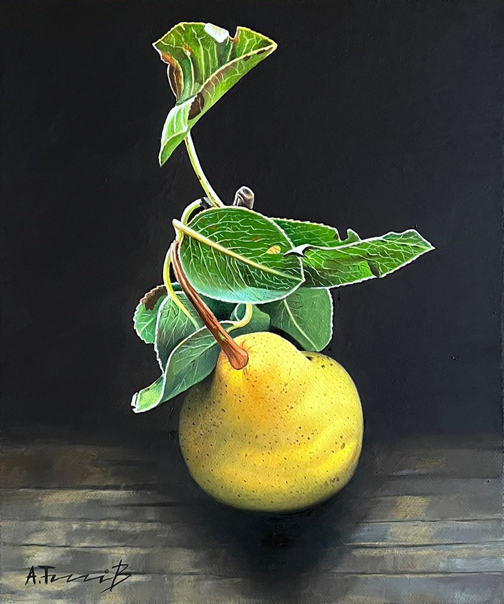 Photorealistic Oil Painting , Yellow Pear By Alexander Titorenkov, 10 X 12, Artwork For Sale On Artfinder