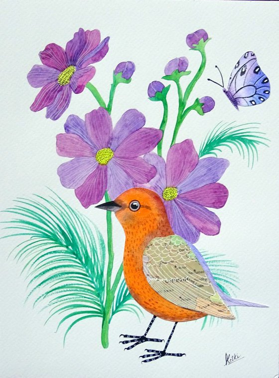 Purple flowers and Orange Bird