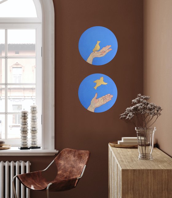 Golden rules of Life. I thank and I release - Diptych round mixed media paintings