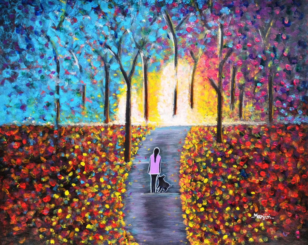 Stroll On The Pathway colorful painting on sale by Manjiri Kanvinde
