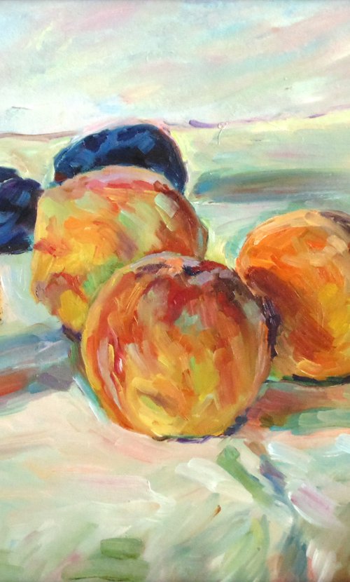 Still life with peaches and lemon, oil on cardboard, 35x50 cm. by Alexander Shvyrkov