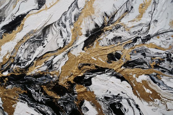 Glitz 190cm x 100cm Black White Gold Textured Abstract Art