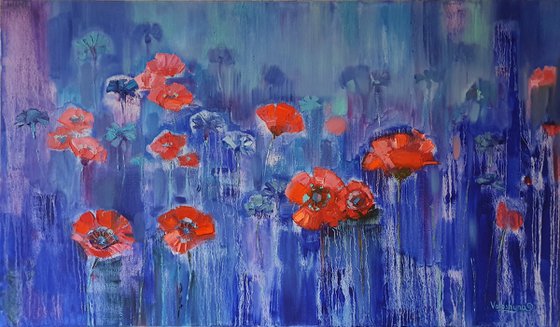 Poppies on blue