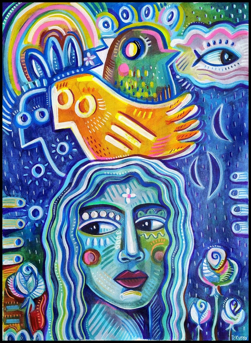 Impressionistic Portrait Acrylic Painting By Daria Kusto, 18 X 25, Yellow Crown, Original Artwork