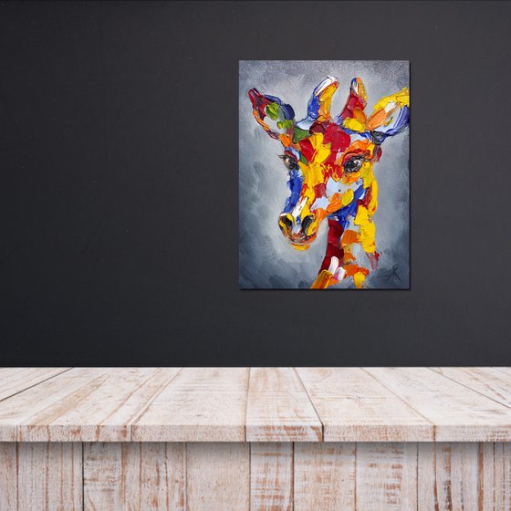 Giraffe - animal, animal face, abstractionism, painting on canvas, gift, animals art, animals oil painting, palette knife