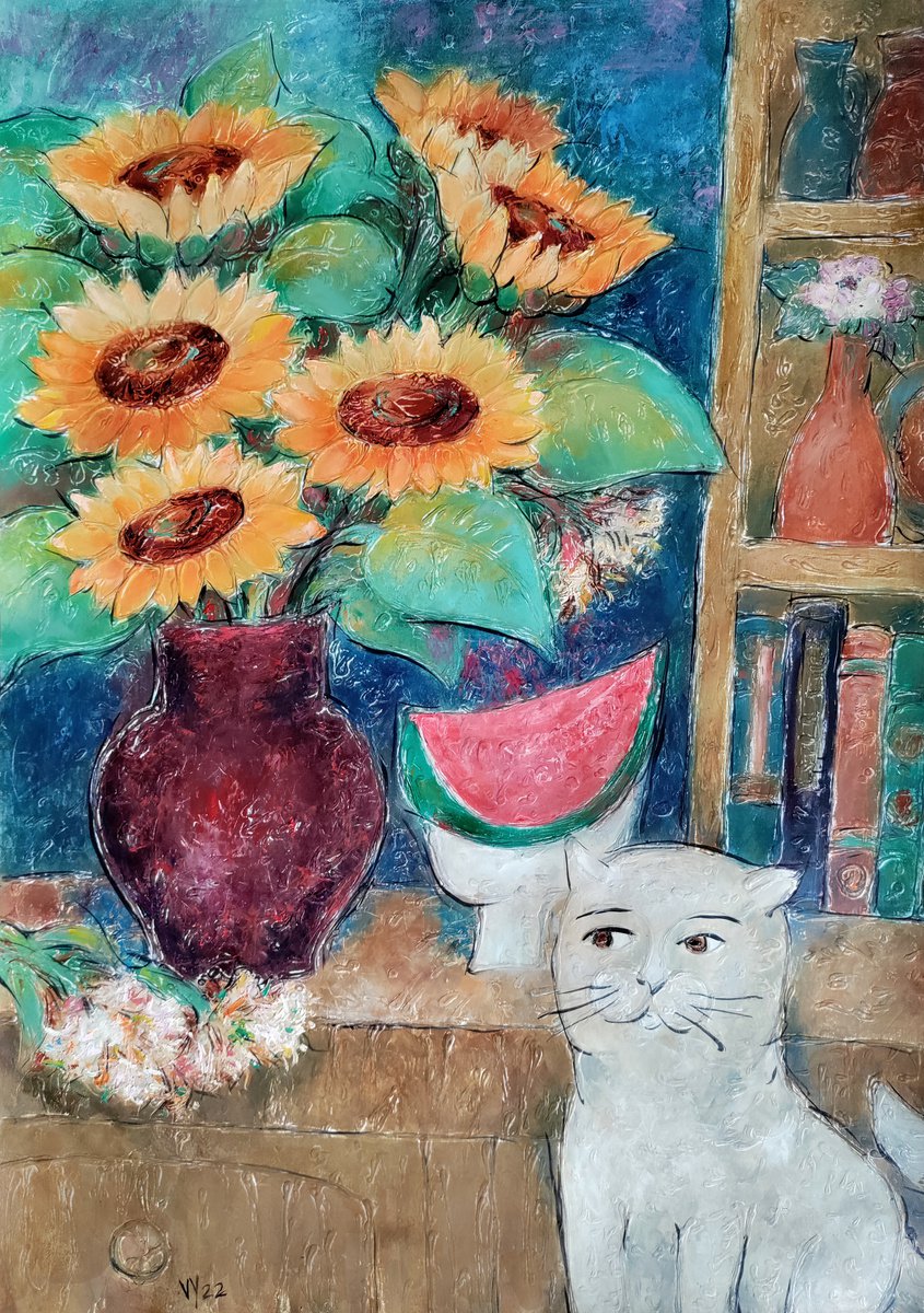 Gat and Sunflowers by Valentina Yevmenenko