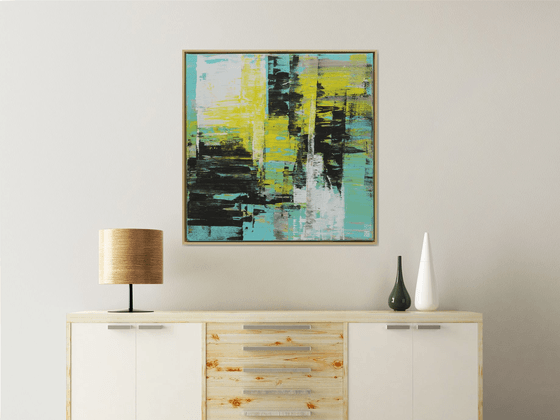 Yellow Square Artwork - Static Balance - Incl Frame 85x85cm - Ronald Hunter - 6S