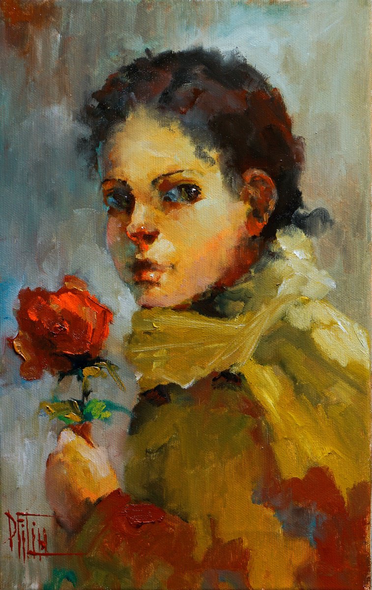 Impressionistic Portrait Oil Painting By Pavel Filin, 10 X 16", Girl With A Rose, Original Artwork