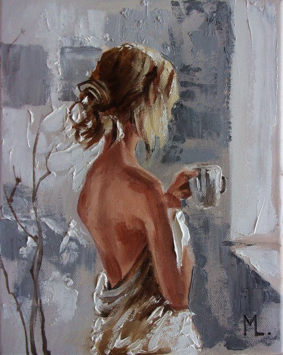 " COFFEE ... " original painting Summer window spring palette knife GIFT