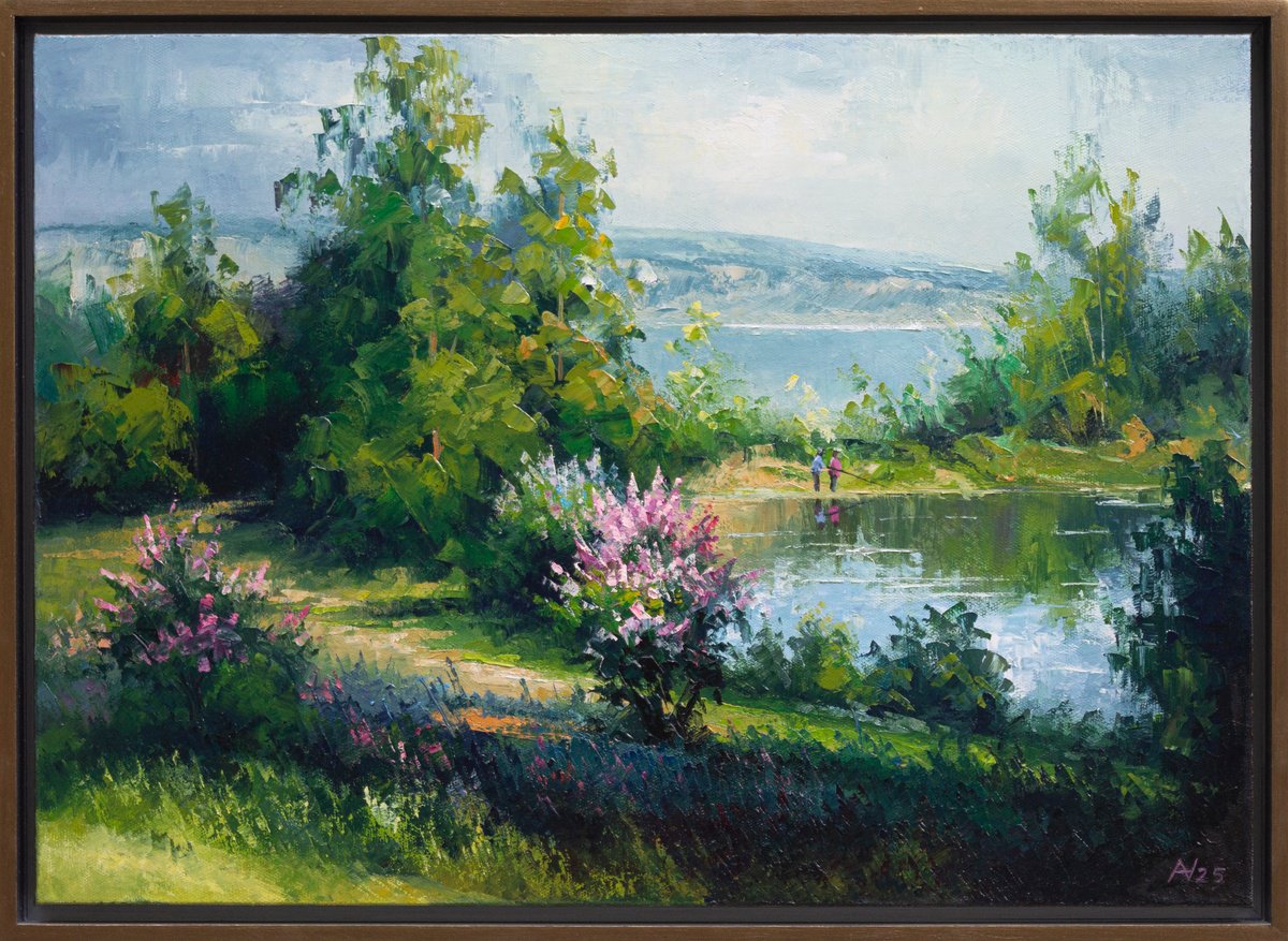 Impressionistic Landscape Oil Painting By Oleksii Vylusk, 29 X 21", Lilac Bloom, Original Artwork