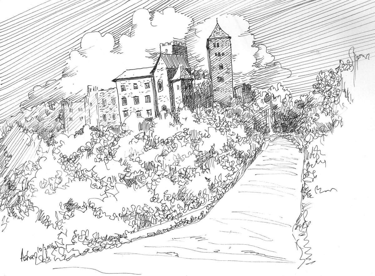 Austrian Burg Hardegg Castle- Ink drawing 9.25x 7 by Asha Shenoy
