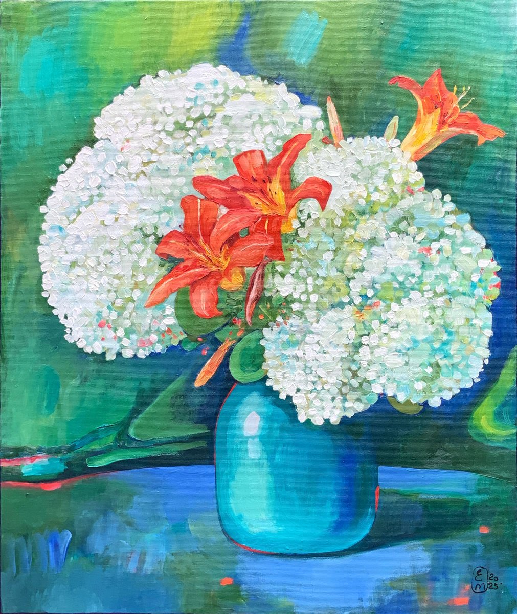 Impressionistic Still Life Acrylic Painting By Elena Tomilova, 20 X 24, Summer Bouquet, Original Artwork