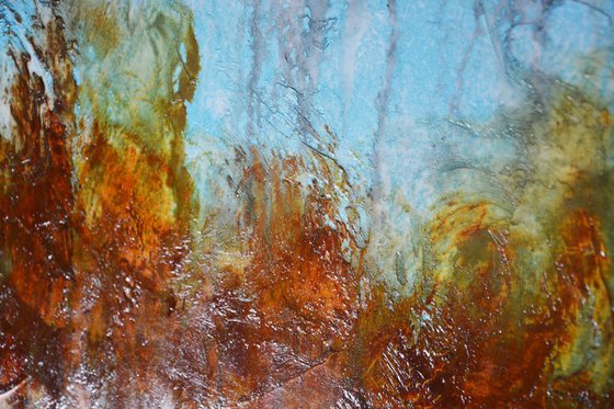 Shadows IV - Long modern painting on canvas, abstract art, orange aqua blue painting